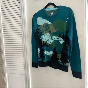 Kavu Blue and Black Crewneck Sweater with Scenic Mountain Design